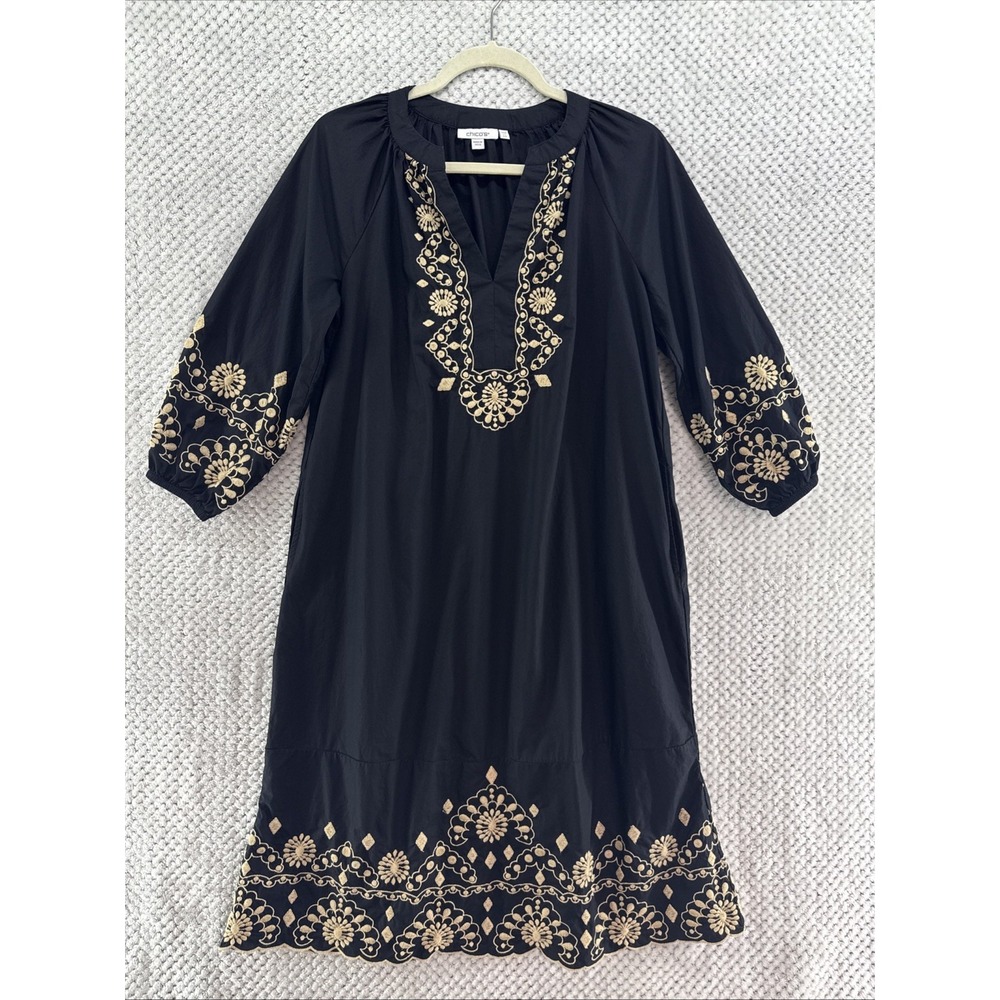 Chicos Scalloped Hem Poplin Midi Dress 00P/XSP Black Beige Embroidered Bohemian